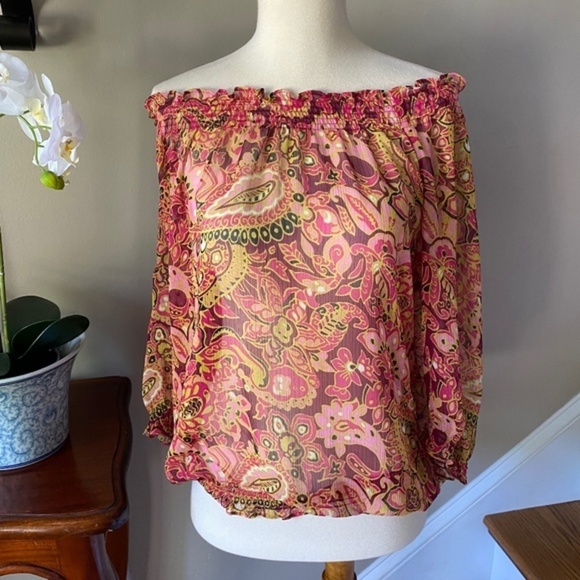 Loft Paisley Pink Sheer Off Shoulder Top - Picture 1 of 6